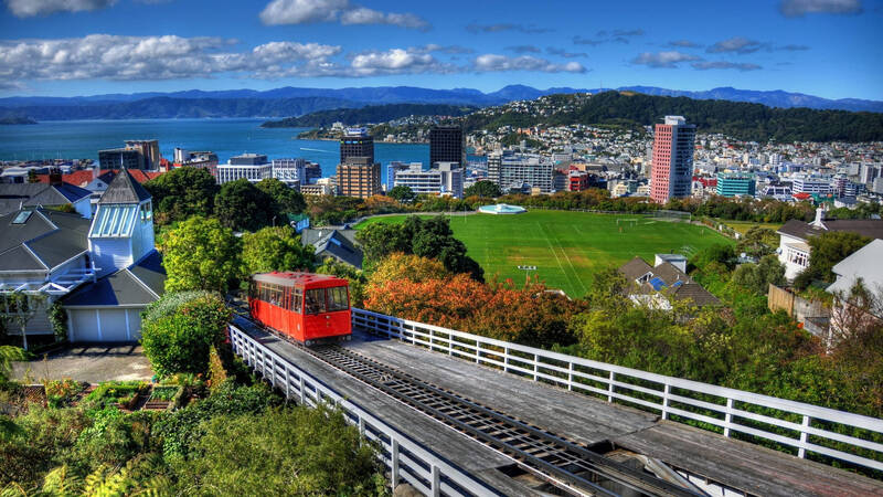 View of cable car and Wellington city